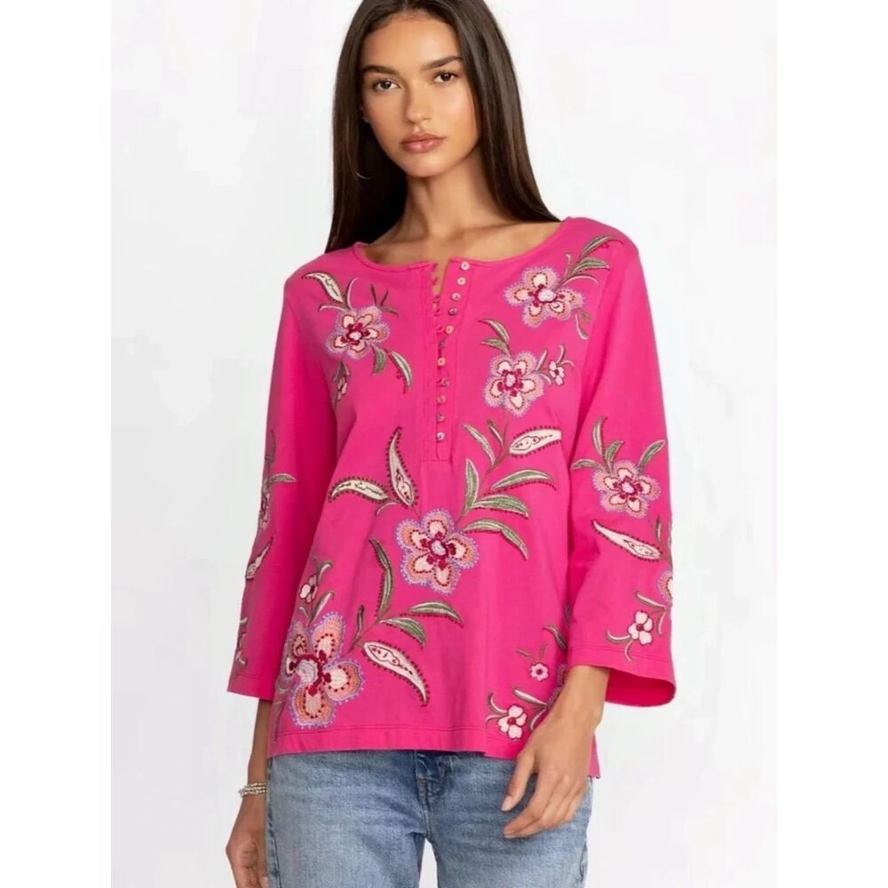 Johnny Was Libbi 3/4 Sleeve Button-Front Tee Embroidered Size Large Pink Boho